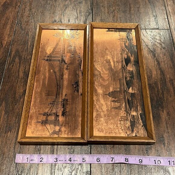 VTG copper etched art work Chelsea Bridge and Blackfriars Bridge in wood frame - Picture 2 of 6